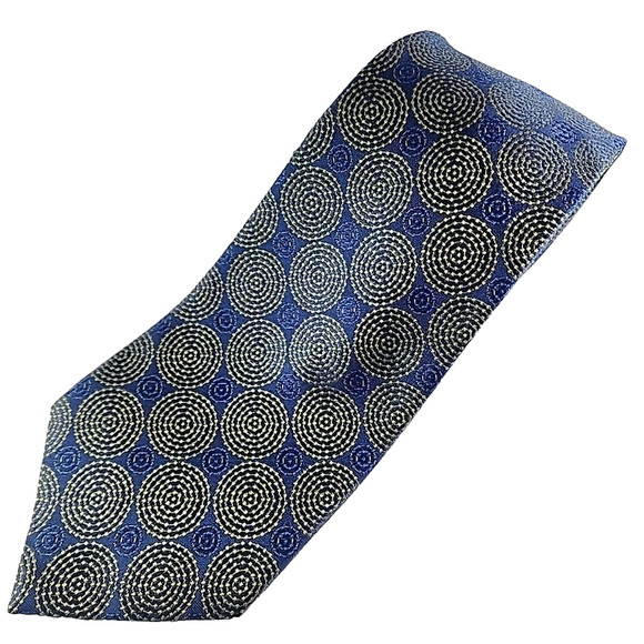 Oleg Cassini Silk Necktie, Green & Blue Circle Pattern - Like New - Picture 1 of 4